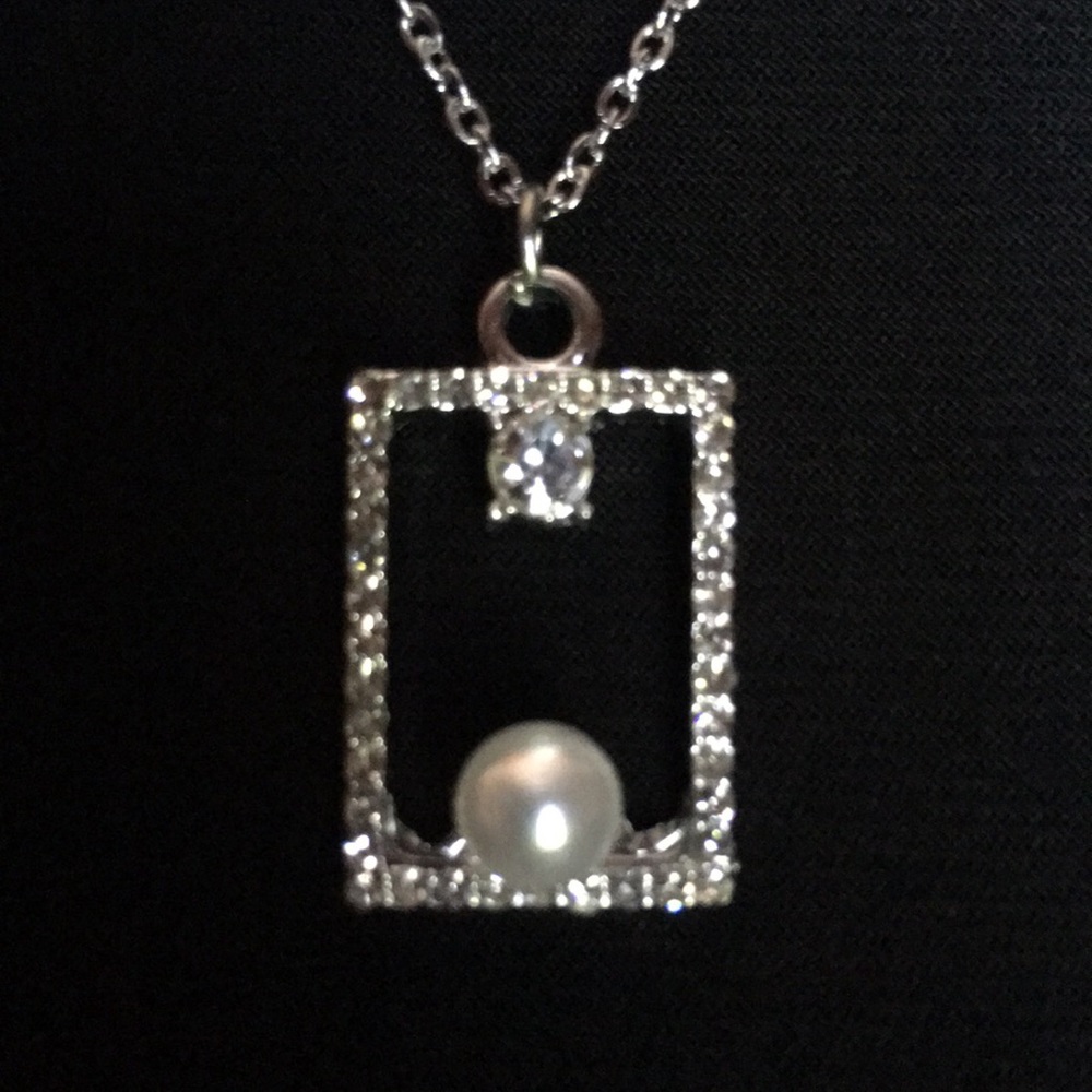 Pearl & CZ Rectangular Necklace - Picture 2 of 16